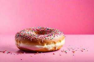 ai generado un rosquilla con asperja en un rosado antecedentes foto