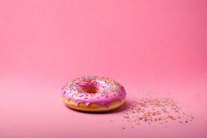 ai generado un rosquilla con asperja en un rosado antecedentes foto