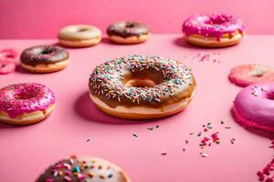 ai generado rosquillas en un rosado antecedentes foto