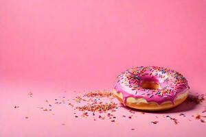 ai generado un rosquilla con asperja en un rosado antecedentes foto