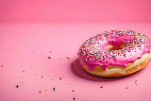 ai generado un rosquilla con rosado Formación de hielo y asperja en un rosado antecedentes foto