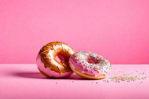 AI generated two donuts with sprinkles on a pink background photo