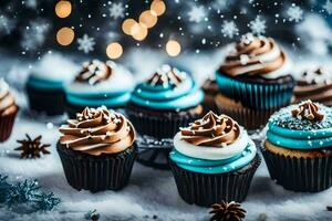 AI generated cupcakes with blue frosting and chocolate frosting on a snowy background photo