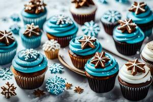 AI generated many cupcakes with blue frosting and snowflakes photo