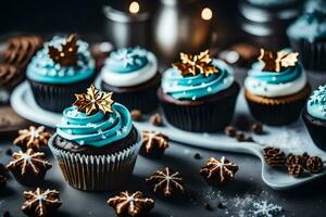 ai generado Navidad magdalenas con azul Crema y decoraciones en un plato foto