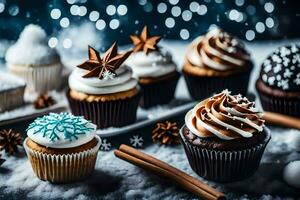 AI generated cupcakes with frosting and decorations on a snowy background photo