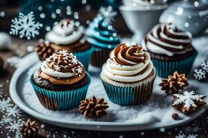 AI generated cupcakes with frosting and snowflakes on a plate photo