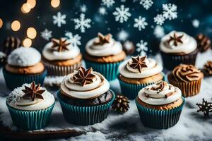 AI generated cupcakes with frosting and snowflakes on a table photo