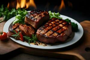 ai generado A la parrilla Cerdo labios en un plato con vegetales foto