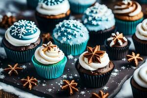 AI generated many cupcakes are decorated with frosting and snowflakes photo