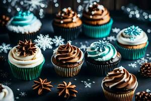 AI generated cupcakes with frosting and snowflakes on a dark background photo