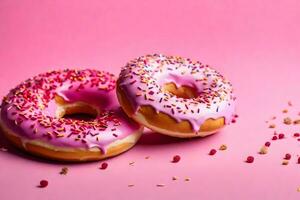 ai generado dos rosquillas con rosado Formación de hielo en un rosado antecedentes foto