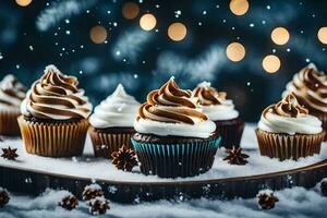 AI generated christmas cupcakes on a wooden tray photo