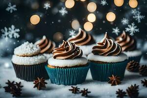 AI generated cupcakes with frosting and snowflakes on a snowy background photo