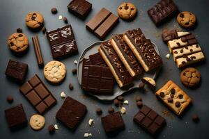 AI generated chocolate and cookies on a dark background photo