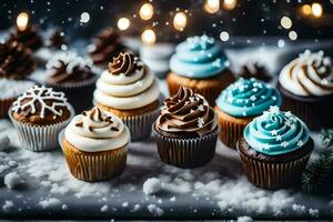 AI generated a collection of cupcakes on a snowy table photo