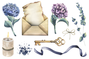 Writing supplies. papyrus paper, craft envelope, candle, key, hydrangea and eucalyptus flowers. Hand drawn watercolor illustration. Set of isolated elements png