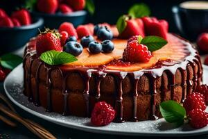 AI generated a cake with berries and chocolate drizzle photo