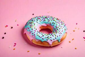 ai generado un rosquilla con asperja en un rosado antecedentes foto