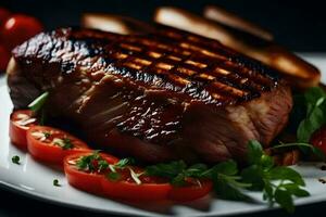 ai generado A la parrilla Cerdo en un plato con Tomates y un pan foto