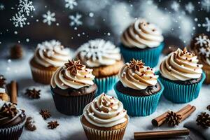 AI generated cupcakes with frosting and cinnamon on a snowy background photo
