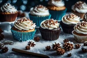 AI generated cupcakes with frosting and snowflakes on a table photo