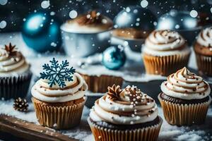 AI generated christmas cupcakes with frosting and snowflakes photo