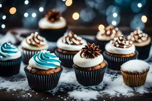 AI generated cupcakes with frosting and blue and white decorations on a wooden table photo