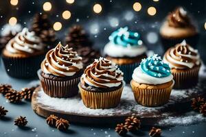 AI generated cupcakes with frosting and pine cones on a wooden board photo