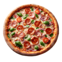 AI generated Isolated Disk-shaped pizza garnished with toppings. Transparent Background, PNG Format, Generative AI