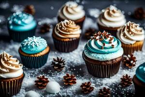 AI generated many cupcakes with frosting and snowflakes photo