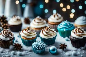 AI generated a collection of cupcakes on a snowy table photo