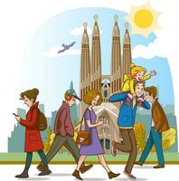 vector illustration of spanish people walking in the street