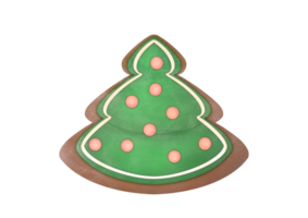 watercolor Christmas tree with garland ribbon on transparent background. Ginger cookies with green icing in shape of Christmas tree. Coniferous tree green New Year. pine-tree clipart cut out sticker png