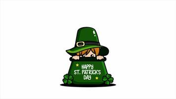 St patrick day animated card with elf in cauldron ,4k video animation