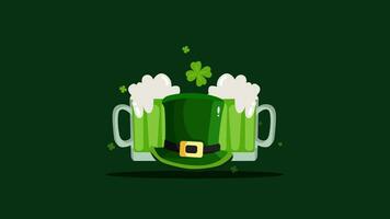 elf van Ierse folklore hoge hoed met Klaver en bier animatie, 4k video geanimeerd