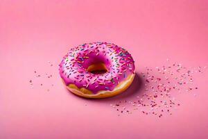 ai generado un rosquilla con asperja en un rosado antecedentes foto