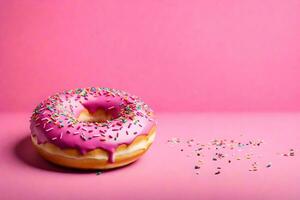 AI generated a donut with pink icing and sprinkles on a pink background photo