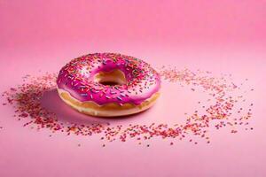 ai generado un rosquilla con asperja en un rosado antecedentes foto