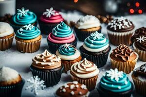 AI generated a collection of cupcakes on a snowy table photo