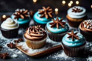 AI generated cupcakes with frosting and stars on a dark background photo