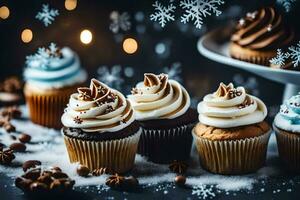 AI generated christmas cupcakes with frosting and snowflakes photo