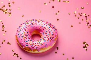 AI generated a pink donut with sprinkles on a pink background photo