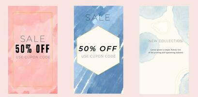 Watercolor Texture Social media sale banners and web ads templates set. Vector illustrations for website and mobile banners, print material, newsletter designs, coupons, marketing.