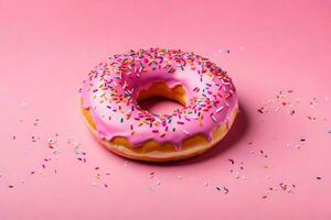 ai generado un rosquilla con rosado Formación de hielo y asperja en un rosado antecedentes foto