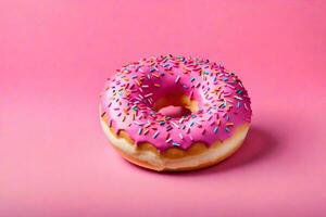 ai generado un rosquilla con asperja en un rosado antecedentes foto