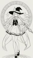 AI generated Anime Wizard Girl Line Art Drawing Sketch Black and White Simple Background photo