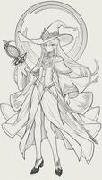 AI generated Anime Wizard Girl Line Art Drawing Sketch Black and White Simple Background photo