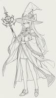 AI generated Anime Wizard Girl Line Art Drawing Sketch Black and White Simple Background photo