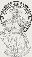 AI generated Anime Wizard Girl Line Art Drawing Sketch Black and White Simple Background photo